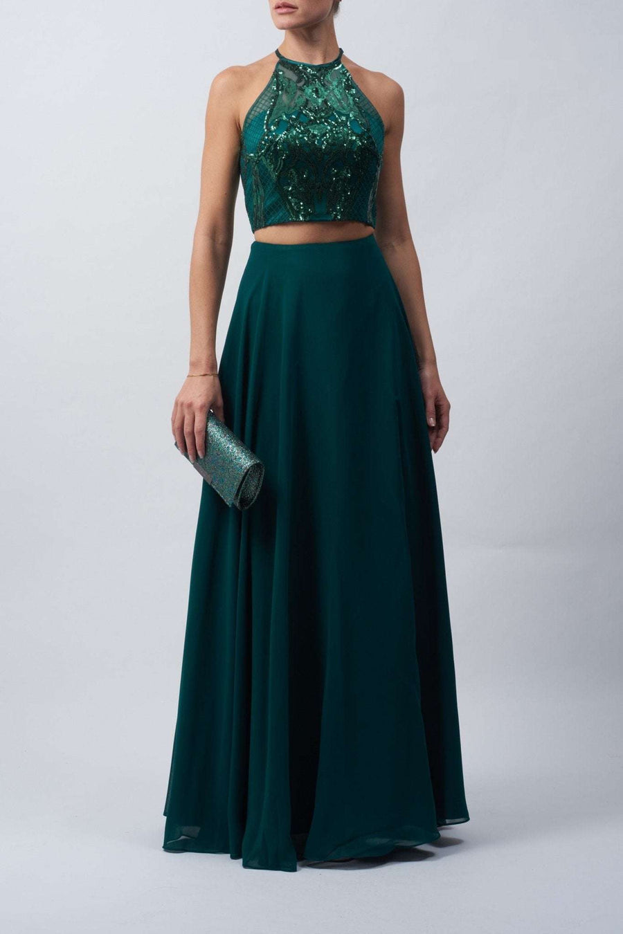 Sequin Top Outfit - Forest Green 2 Piece | Crop Halterneck Sequin Top Outfit - Forest Green 2 Piece | Crop Halterneck