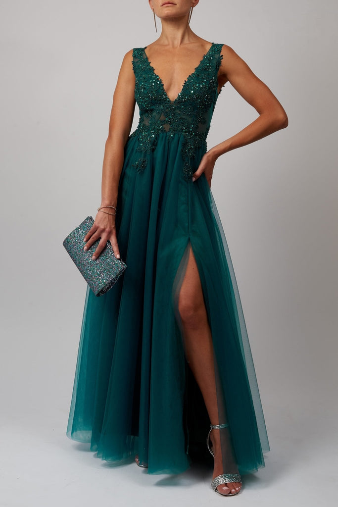 Forest Green MC186051 Embroidered Lace Prom dress