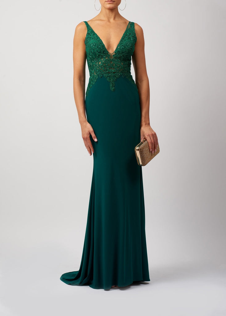 Forest Green MC186053 Lace Embellished Plunge Dress - Cargo Clothing