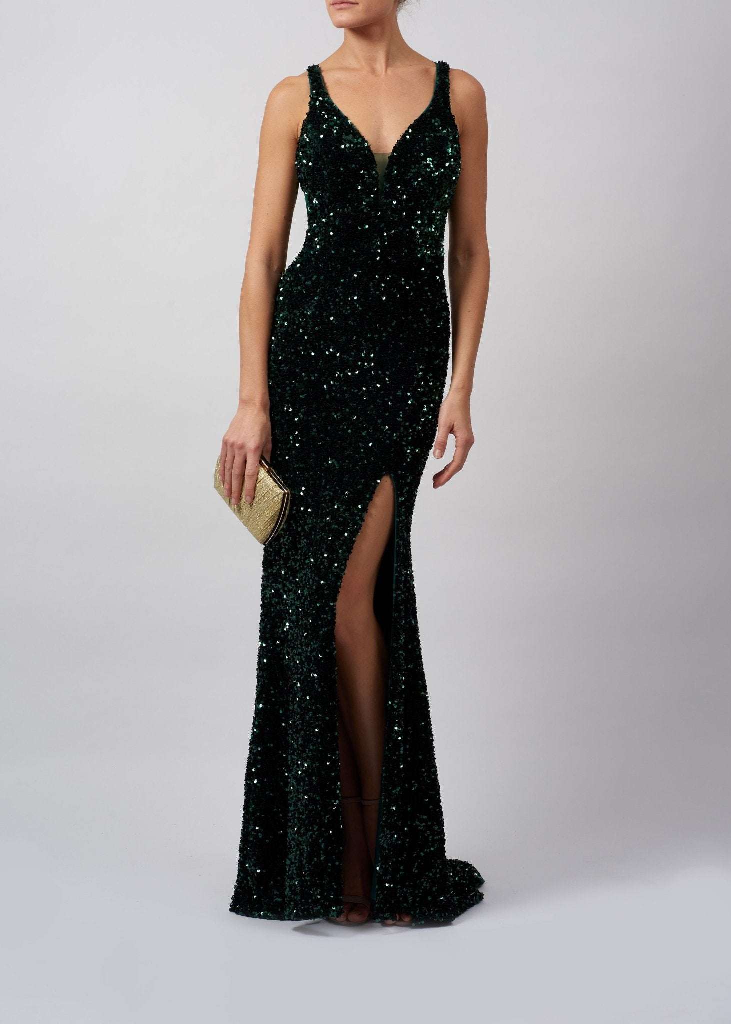 Mascara MC18942 fully sequinned low lace up back dress, forest green
