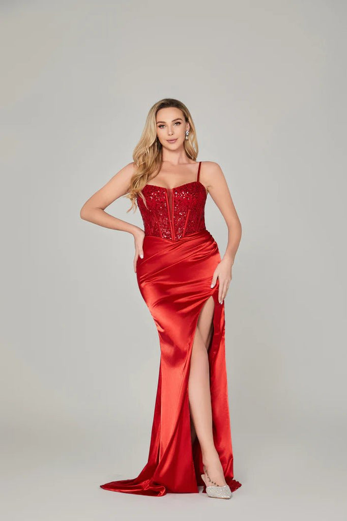 Front of red sequin satin corset dress