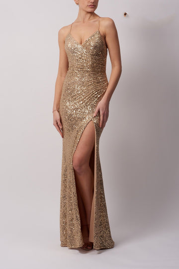 Gold sequin strap low back dress | MC186119