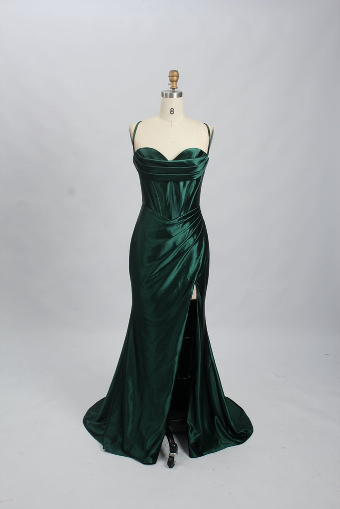 KELLIE Emerald Green Corset Satin Prom Dress - Cargo Clothing