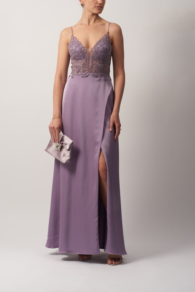 purple mascara london dress with thin straps, floral lace bodice and satin wrap skirt Prom Dresses