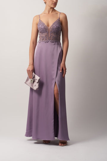 Lavender Floral Lace Satin Prom Dress MC192042