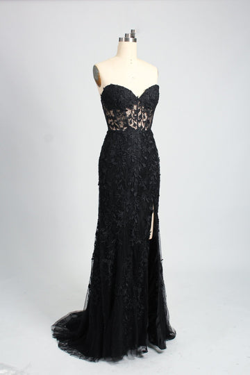 black strapless lace dress on a mannequin