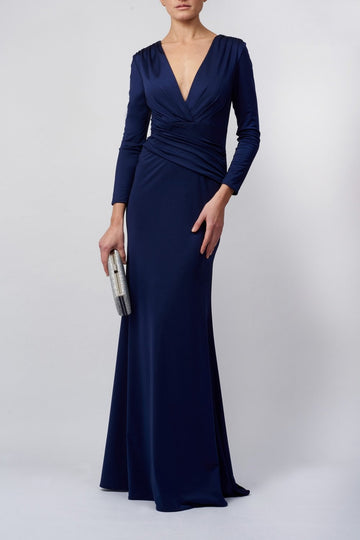 Mascara Navy Pleated V Sleeved Gown 117951
