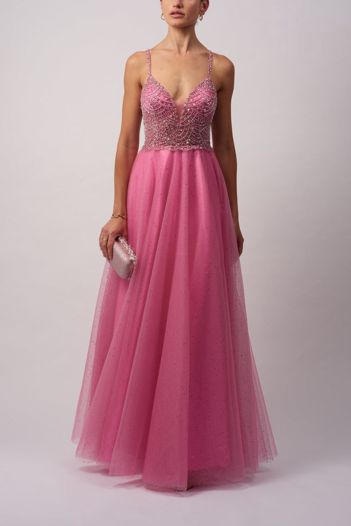 MC12109 Pink Beaded bodice with sparkle tulle skirt - Cargo Clothing