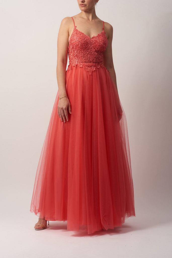MC18015 Coral Lace Tulle Gown - Cargo Clothing