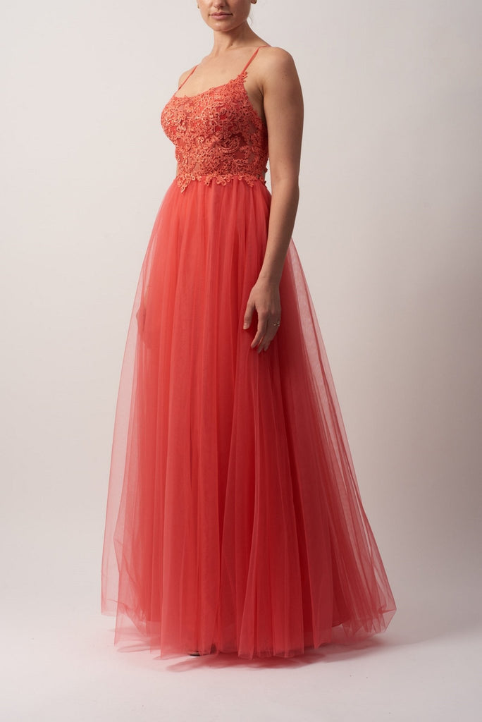 MC18102 Coral Tie open back embellished tulle prom dress - Cargo Clothing