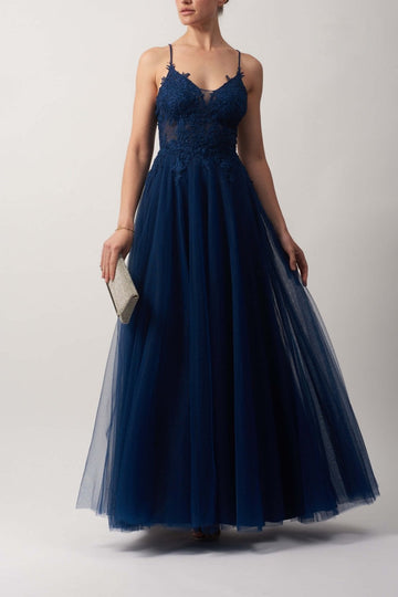 MC18108 Navy Lace bodice and tulle skirt prom dress - Cargo Clothing