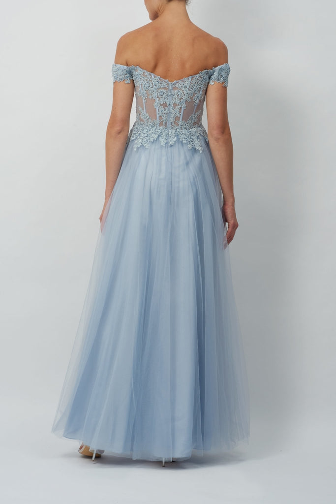 Misty Blue MC112015 Tulle Bardot Neckline Prom Dress - Cargo Clothing