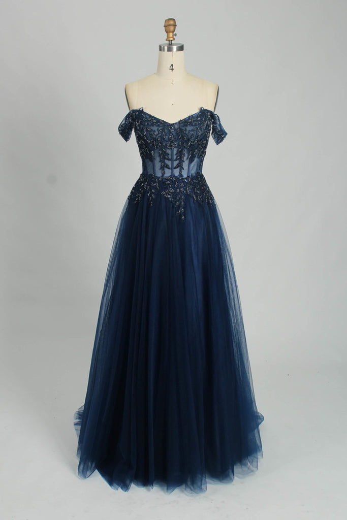 Navy BLAIR Off-shoulders Corset Tulle Ballgown Prom Dress - Cargo Clothing