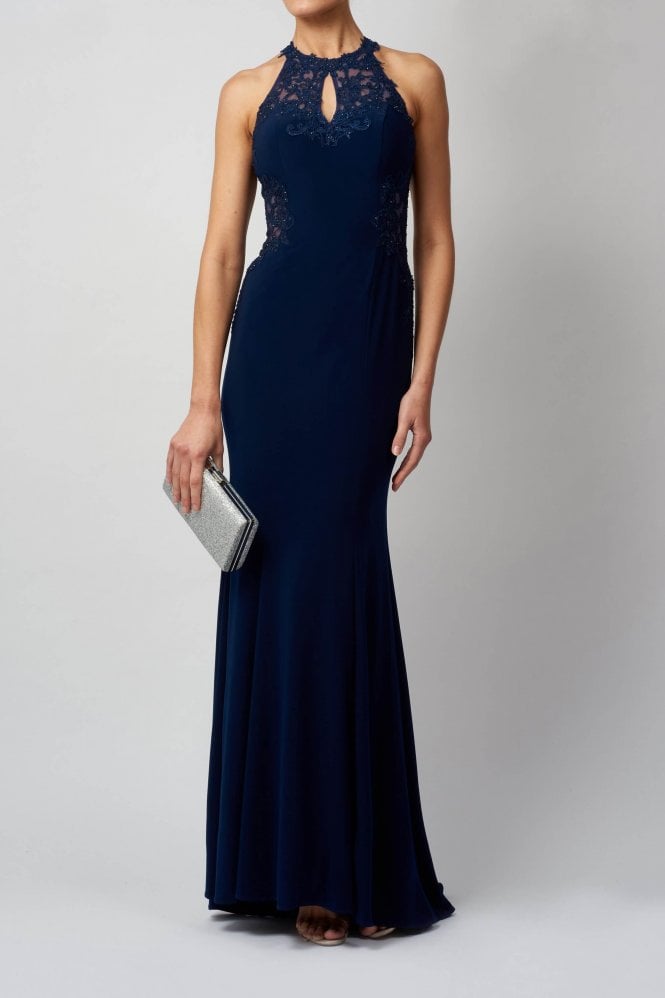 Navy Blue MC181359G key hole neckline with lace embroidery