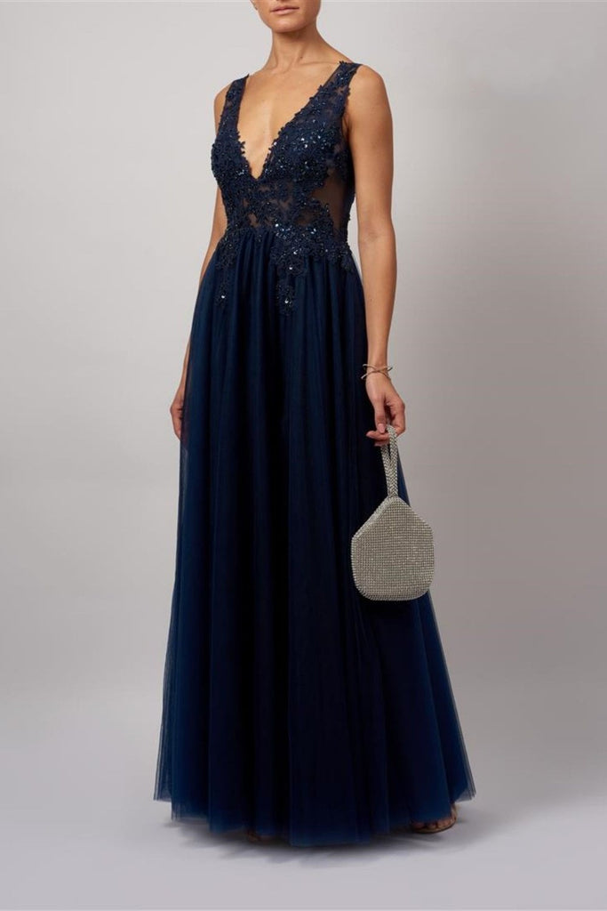 Navy Blue MC186051 Embroidered Lace Prom dress - Cargo Clothing