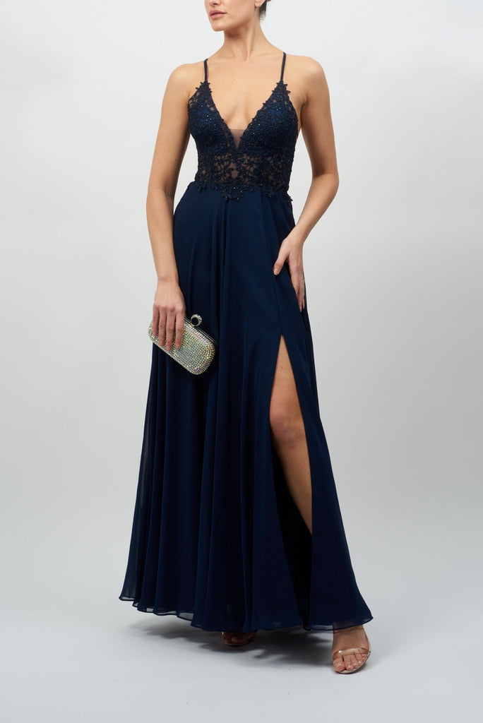 NAVY MC122013 Lace Bodice with open back prom dress - Cargo Clothing