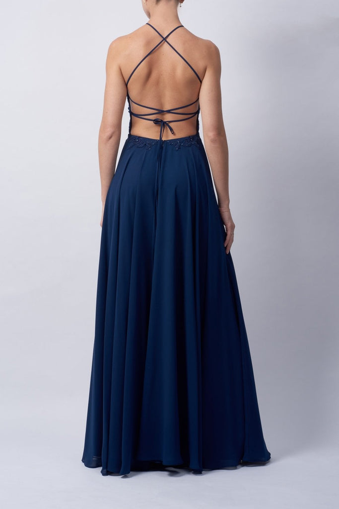 Navy Lace halter with open back prom dress | MC166147