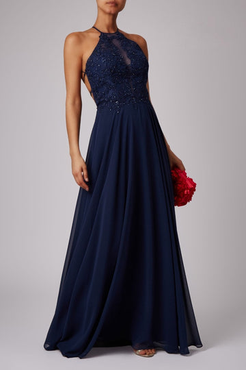 Navy Lace halter with open back prom dress | MC166147