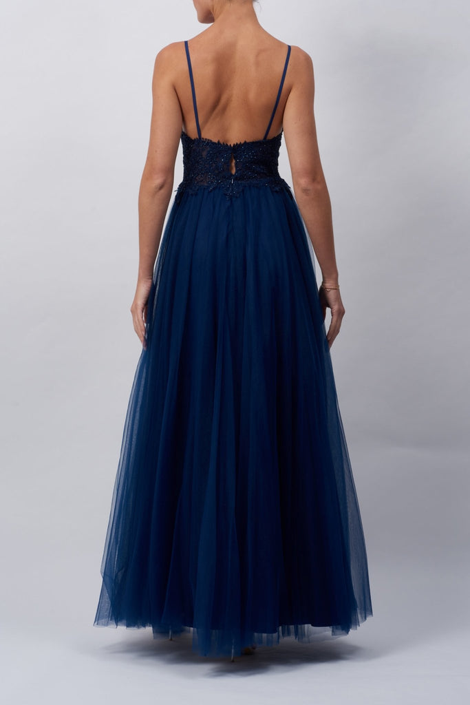 Navy MC18015 Lace Tulle Gown - Cargo Clothing