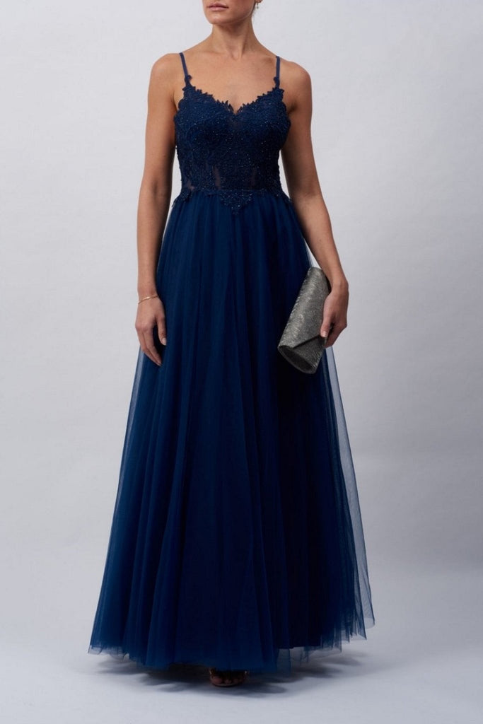 Navy MC18015 Lace Tulle Gown - Cargo Clothing