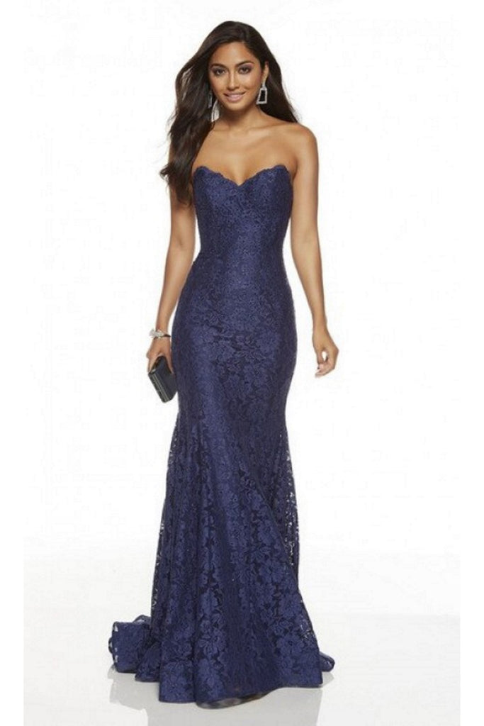 Navy Strapless Fitted Long Lace Dress 60653 by Alyce Paris - Cargo Clothing