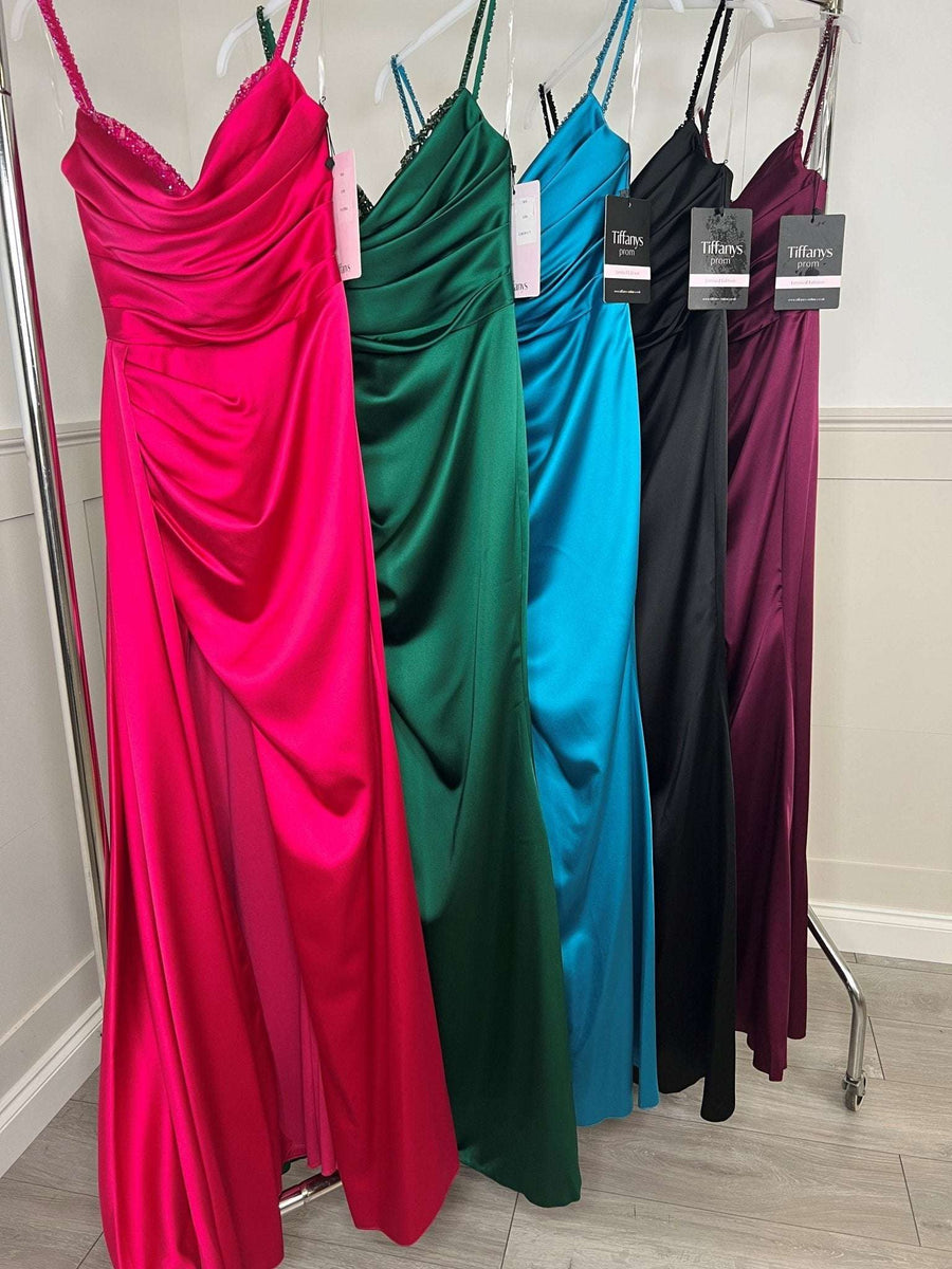 PETROL 7414 Beaded Satin Ballgown Prom Dress with High Split - Cargo Clothing