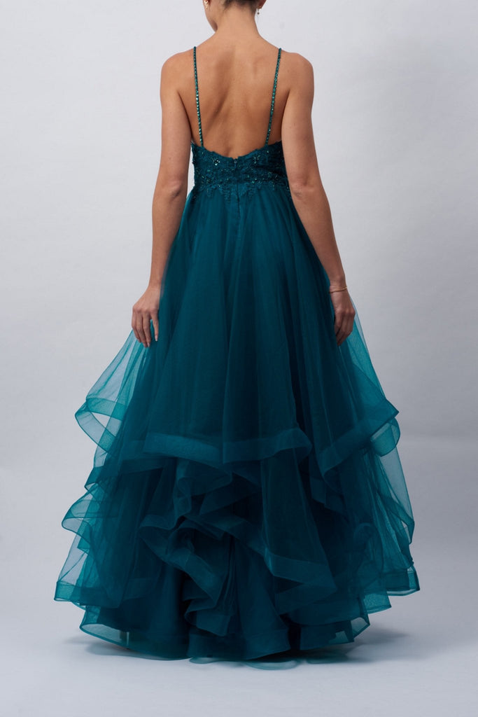 Petrol Tiered Tulle Sparkle Strap Prom Dress MC110117