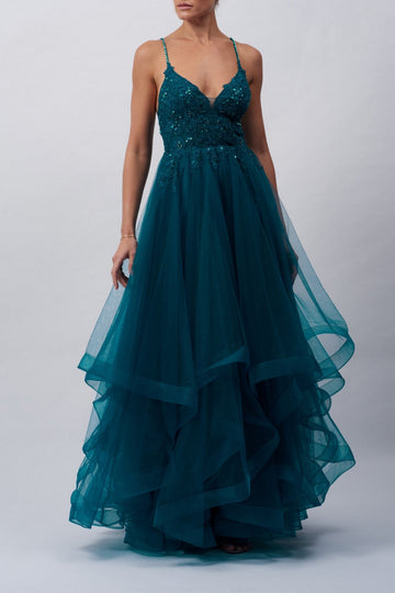 Petrol Tiered Tulle Sparkle Strap Prom Dress MC110117