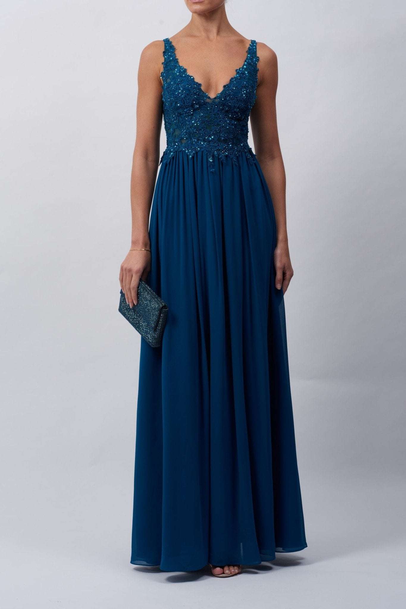 Bridesmaid Dress Teal Chiffon - Floral Bodice