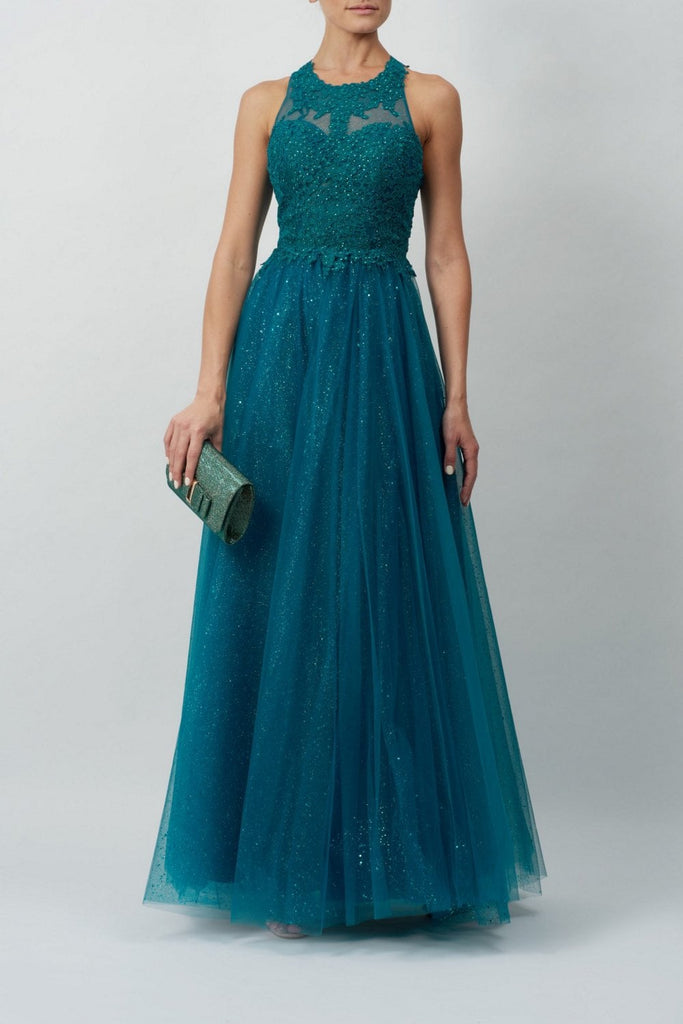 Petrol Embellished sparkling tulle gown MC120134