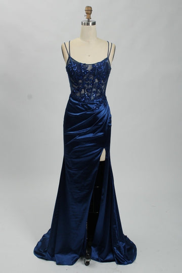 PRE-ORDER EXCLUSIVE: Navy GEORGINA | Dual Strap Lace-up Satin Prom Dress with High Split - Cargo Clothing