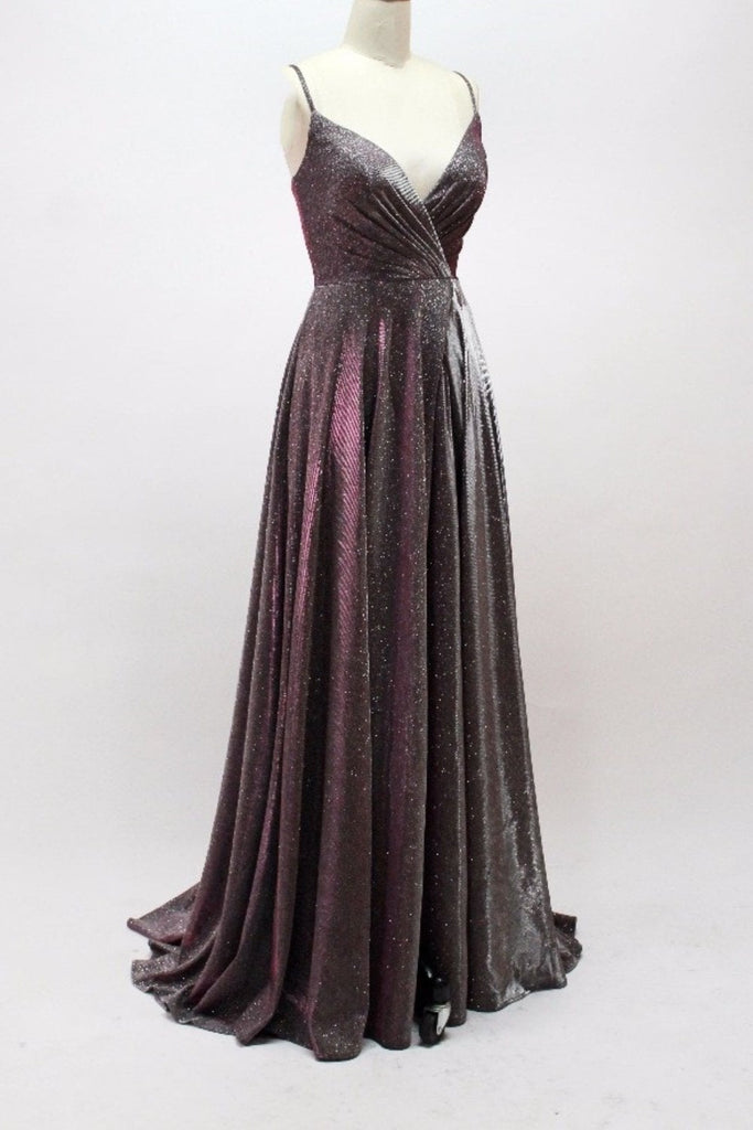 Purple 32590 glitter plunge dress with high split - Cargo Clothing