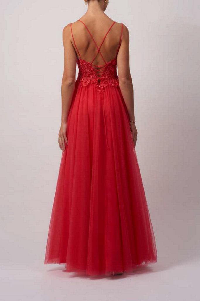 Raspberry lace up back bodice tulle prom dress MC18104