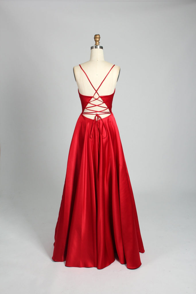 Red skirted open back dress, back image