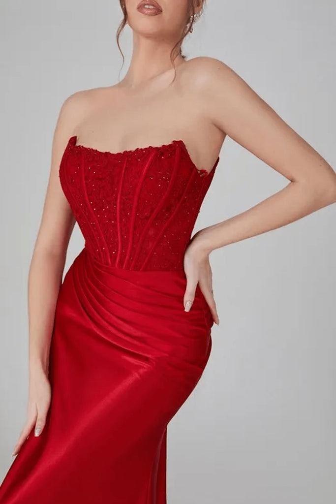Red DIANA Lace and Satin Corset Mermaid Dress - Cargo Clothing