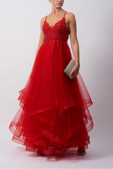 Red MC110117 Tiered Tulle Sparkle Strap Prom Dress - Cargo Clothing