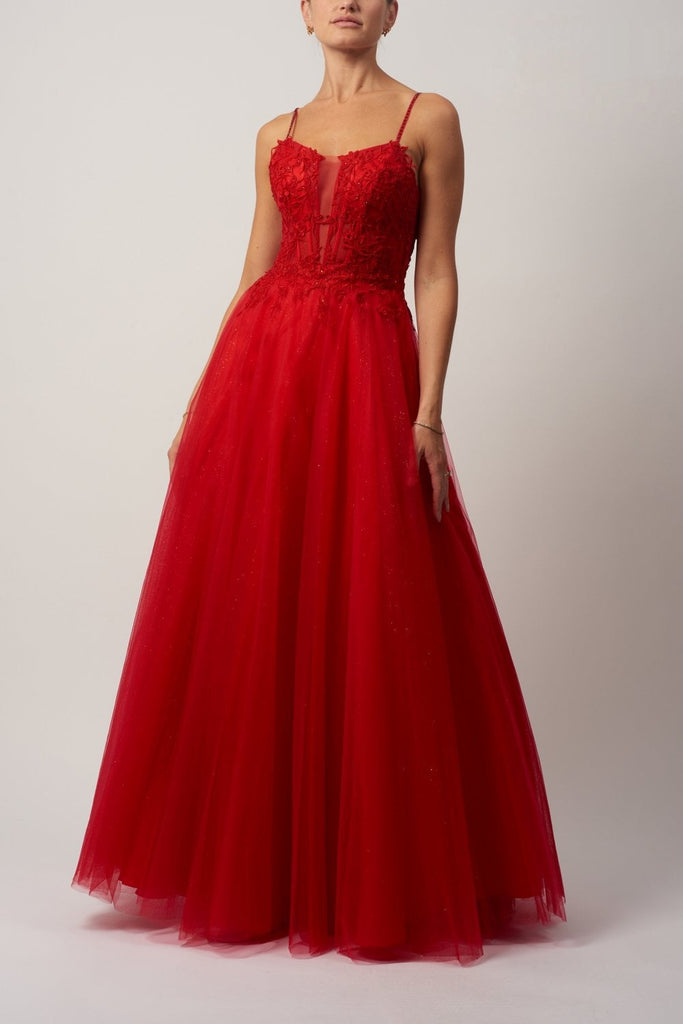 Red MC119511 Tulle Glitter Ballgown - Cargo Clothing