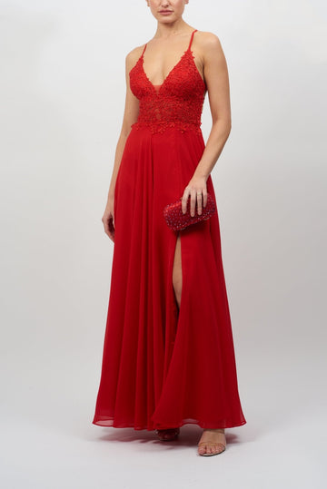 Red MC122013 Lace Bodice with open back prom dress - Cargo Clothing