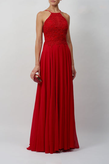 Red MC166147 Lace halter with open back prom dress - Cargo Clothing