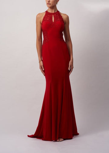 Red MC181359G key hole neckline with lace embroidery
