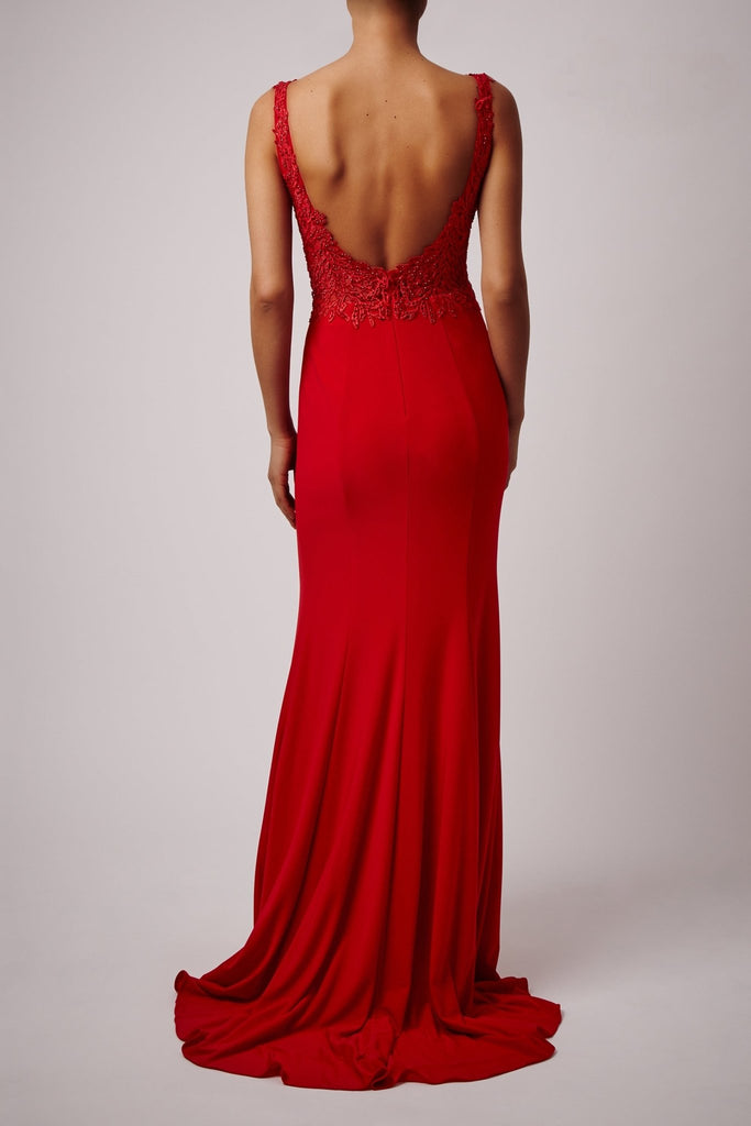 Red embellished drop v dress MC181459