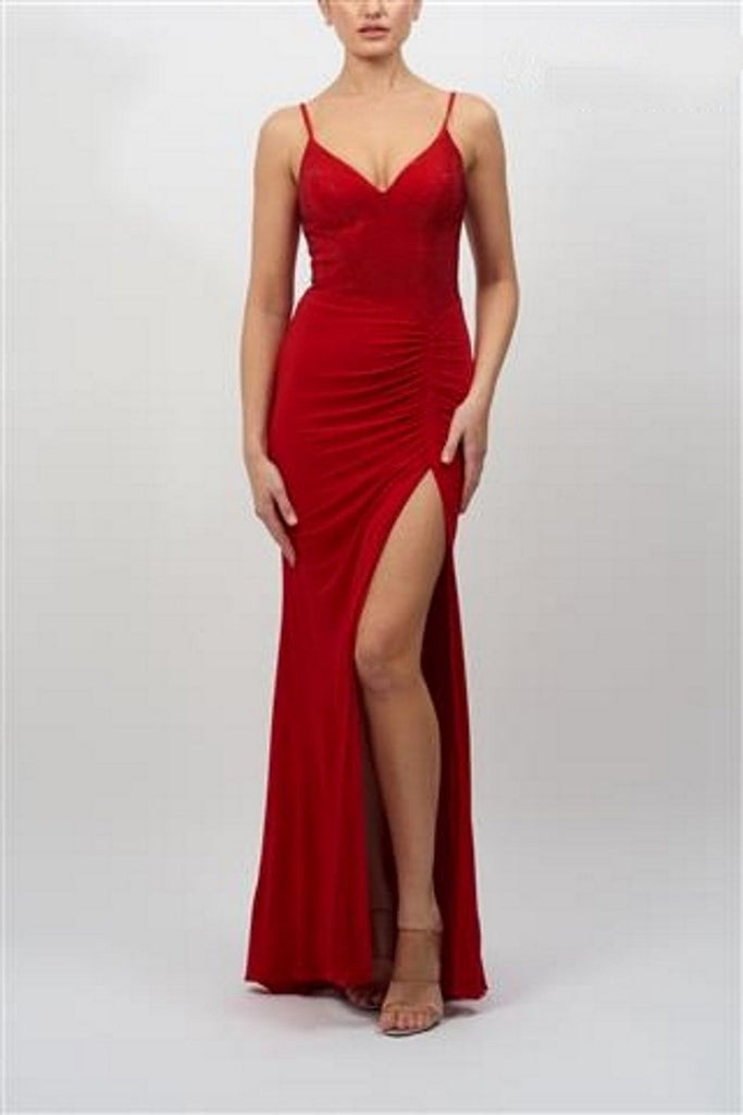 Red MC182053 Rouched Glitter Cut-out Dress - Cargo Clothing