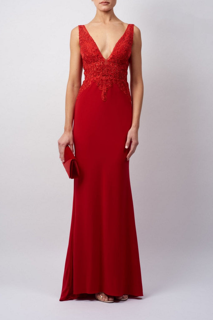 Red MC186053 lace bodice v neck dress - Cargo Clothing