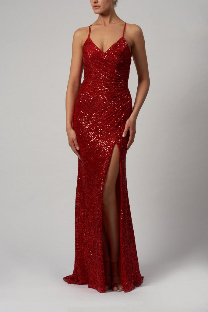 Red MC186119 sequin strap low back dress - Cargo Clothing