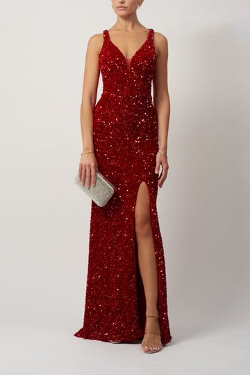 Red MC18942 Fully Sequined Lace Up Back dress