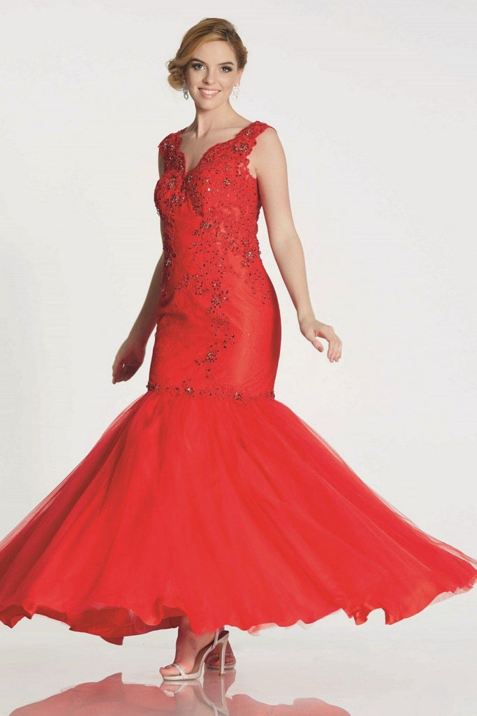 Red Nina embroidery detail mermaid style gown