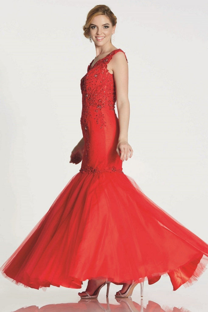 Red Nina embroidery detail mermaid style gown