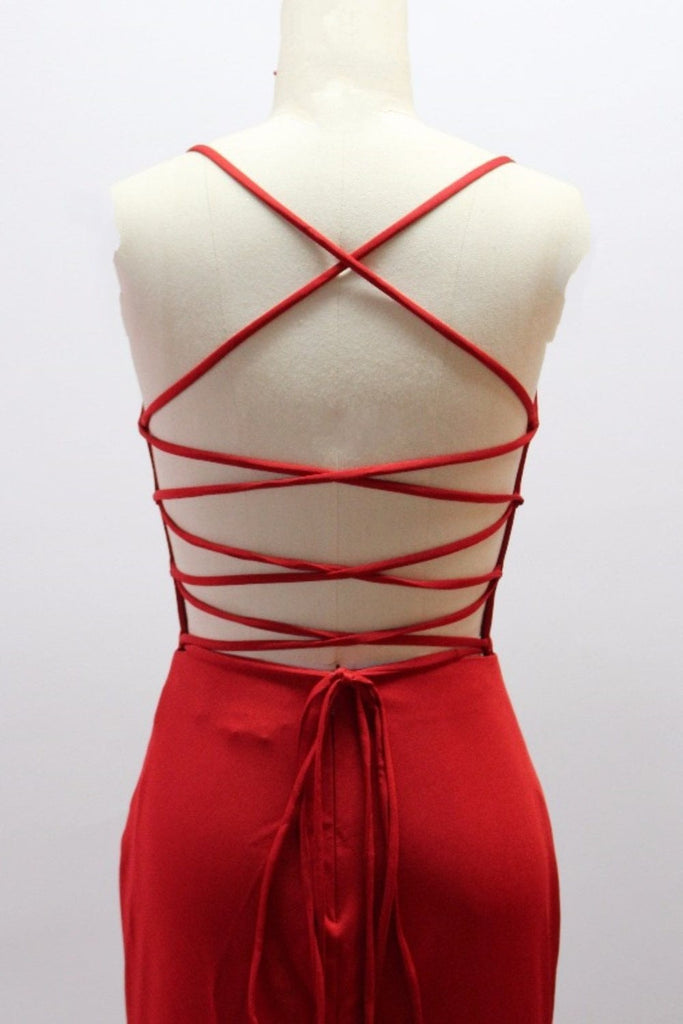 Red open lace up back dress QT011