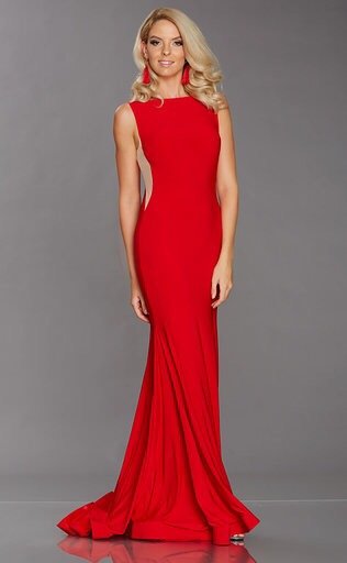 Blonde model in a Red Slim Fitted Jersey Long Gown  Prom Dresses