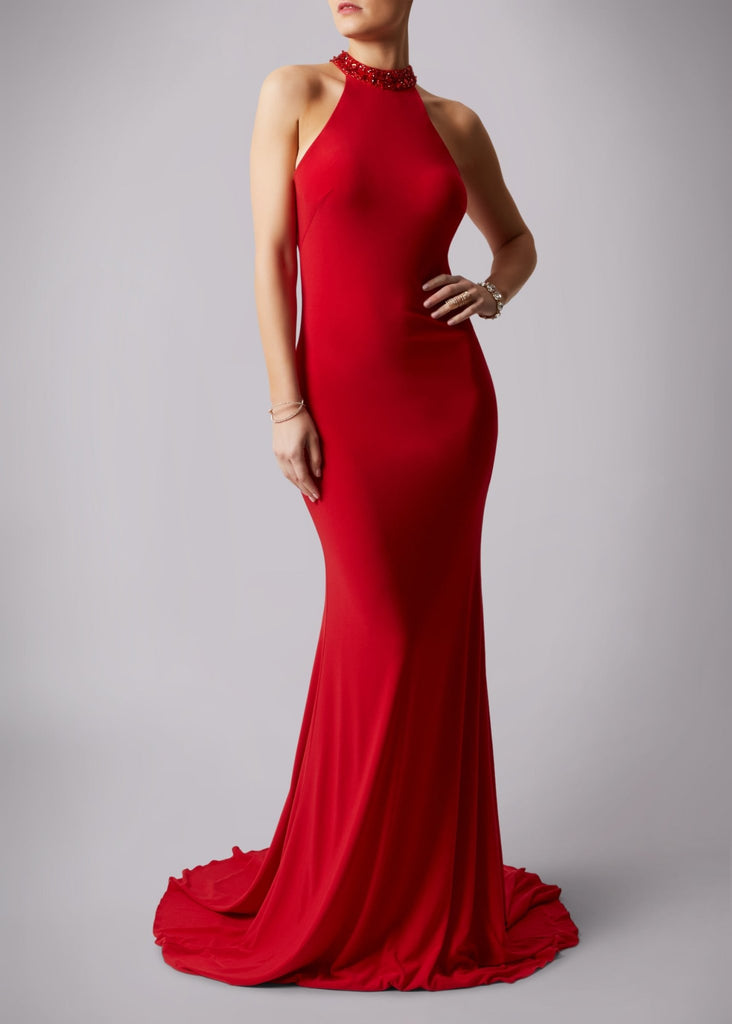Red teardrop back jersey gown MC181206P - Cargo Clothing